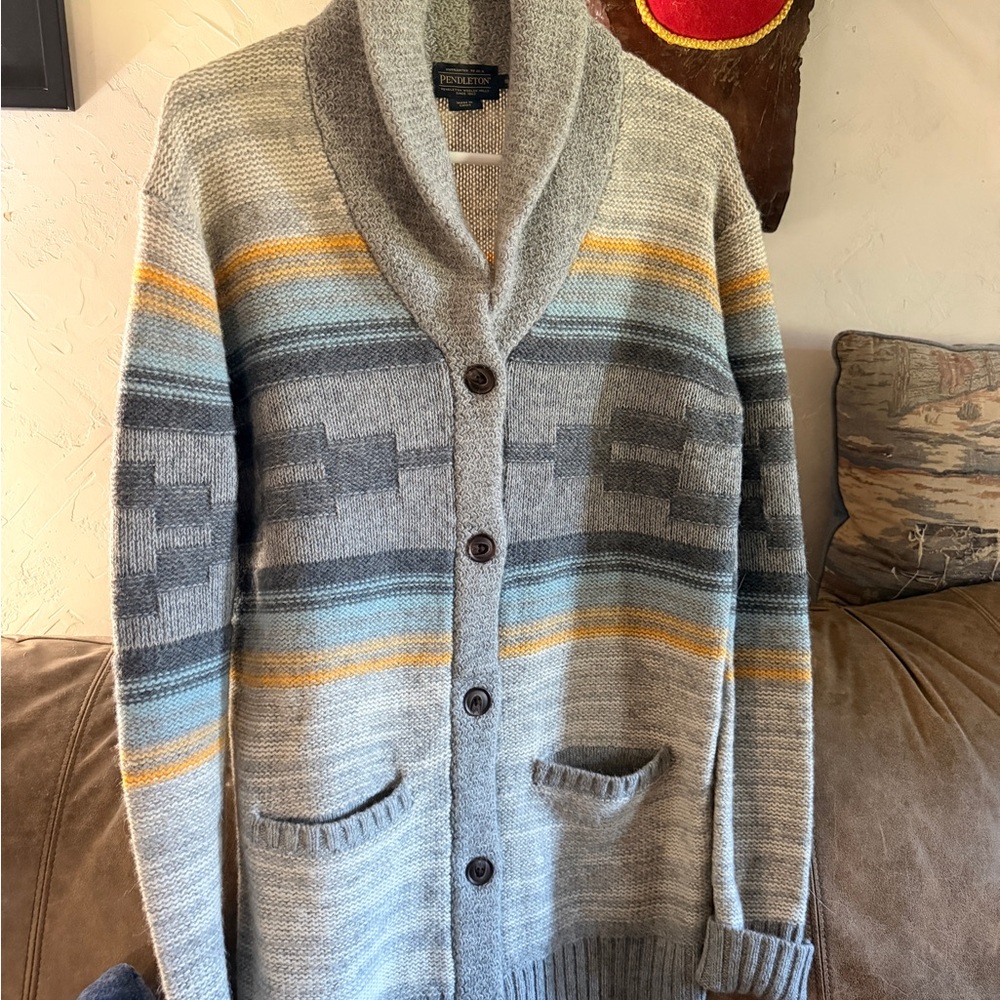 Pendleton Women’s Shawl Collar Button Cardigan - Gray with Blue & Yellow Stripes